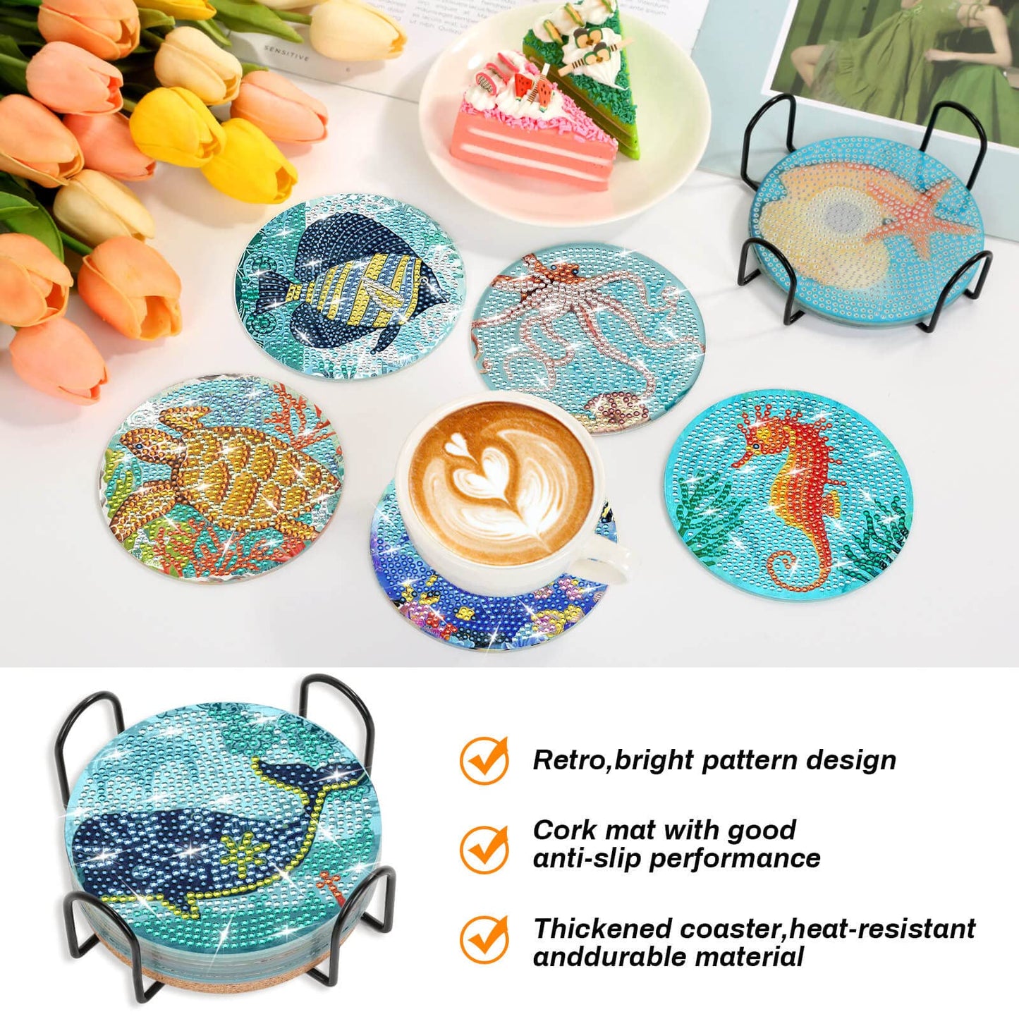 Billbotk 8 Pieces Diamond Painting Coasters Kit with Holder, Diamond Art Coasters, DIY Diamond Art Crafts Projects, Diamond Dot Kits for Adults and Beginners(Ocean Style)