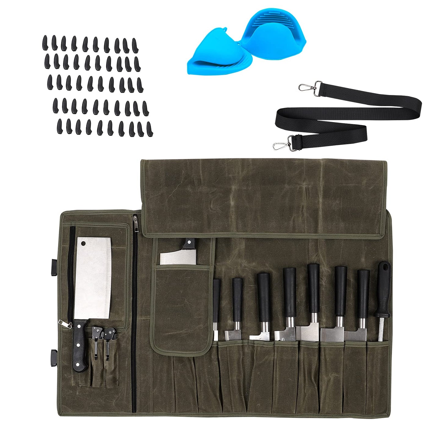 HERSENT Waxed Canvas Chef’s Knife Roll Bag,Army Green Knife Wrap,Portable Knife Roll,Waterproof Pocket Knife Carrier,Durable 16oz Knife Case With Adjustable Shoulder Strap