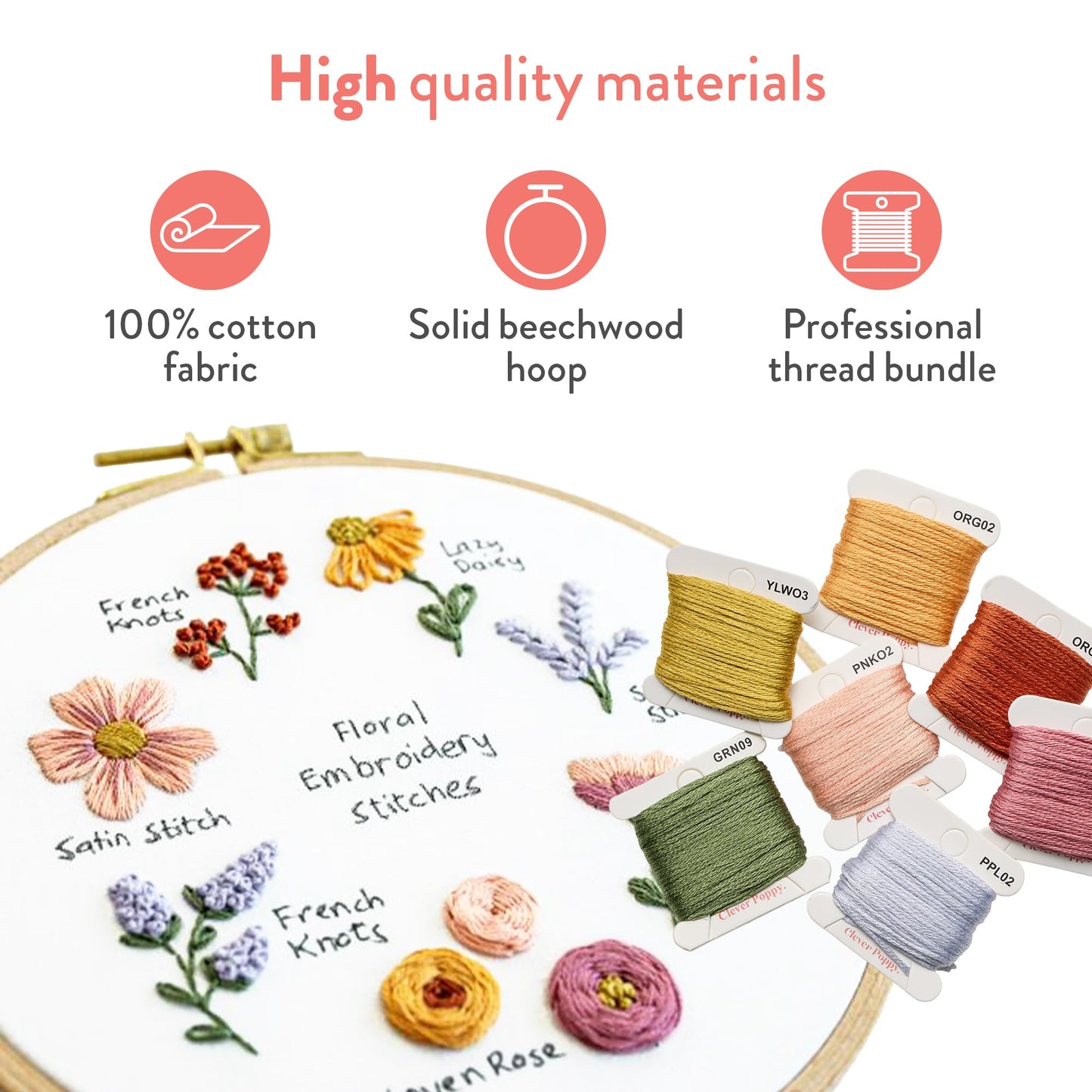 Clever Poppy Floral Stitch Sampler Beginner Embroidery Kit – Easy Embroidery Kit for Beginners with Hoop, Thread & Patterns – Hand Embroidery Kit for Adults and Teens – Complete Embroidery Starter Kit