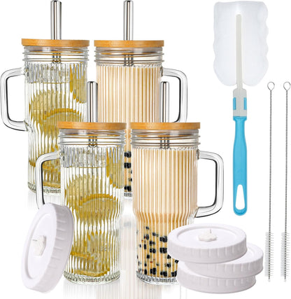 24oz Handle,4Pack Ribbed Glass Tumbler With Glass Cup with Lids and Straws,Reusable Glass Iced Coffee Cups