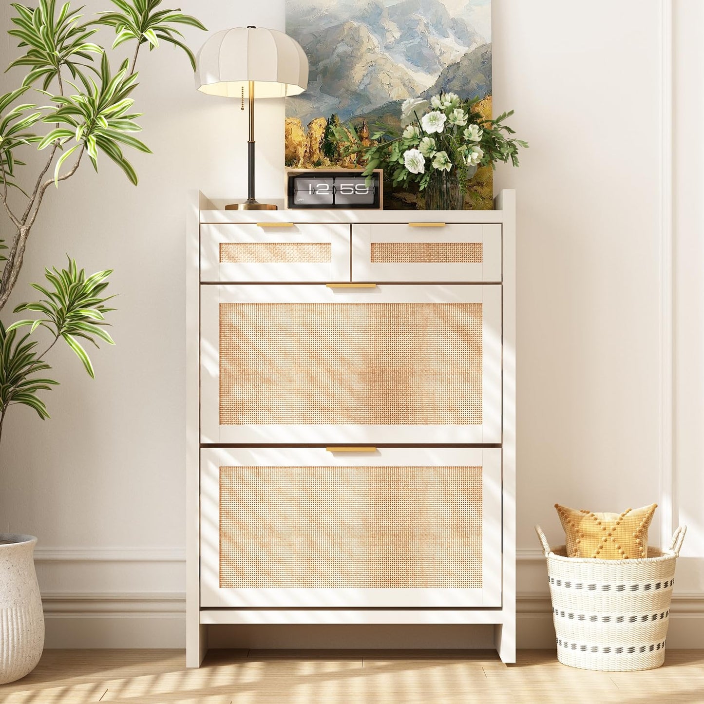Shoe Organizer Cabinet Storage for Entryway - Slim Rattan Shoe Rack for Front Door Entrance, Narrow Hidden Shoe Cabinet with Flip Drawers, Boho Shoe Holder Cabinet，Two Doors, White, Set of 2