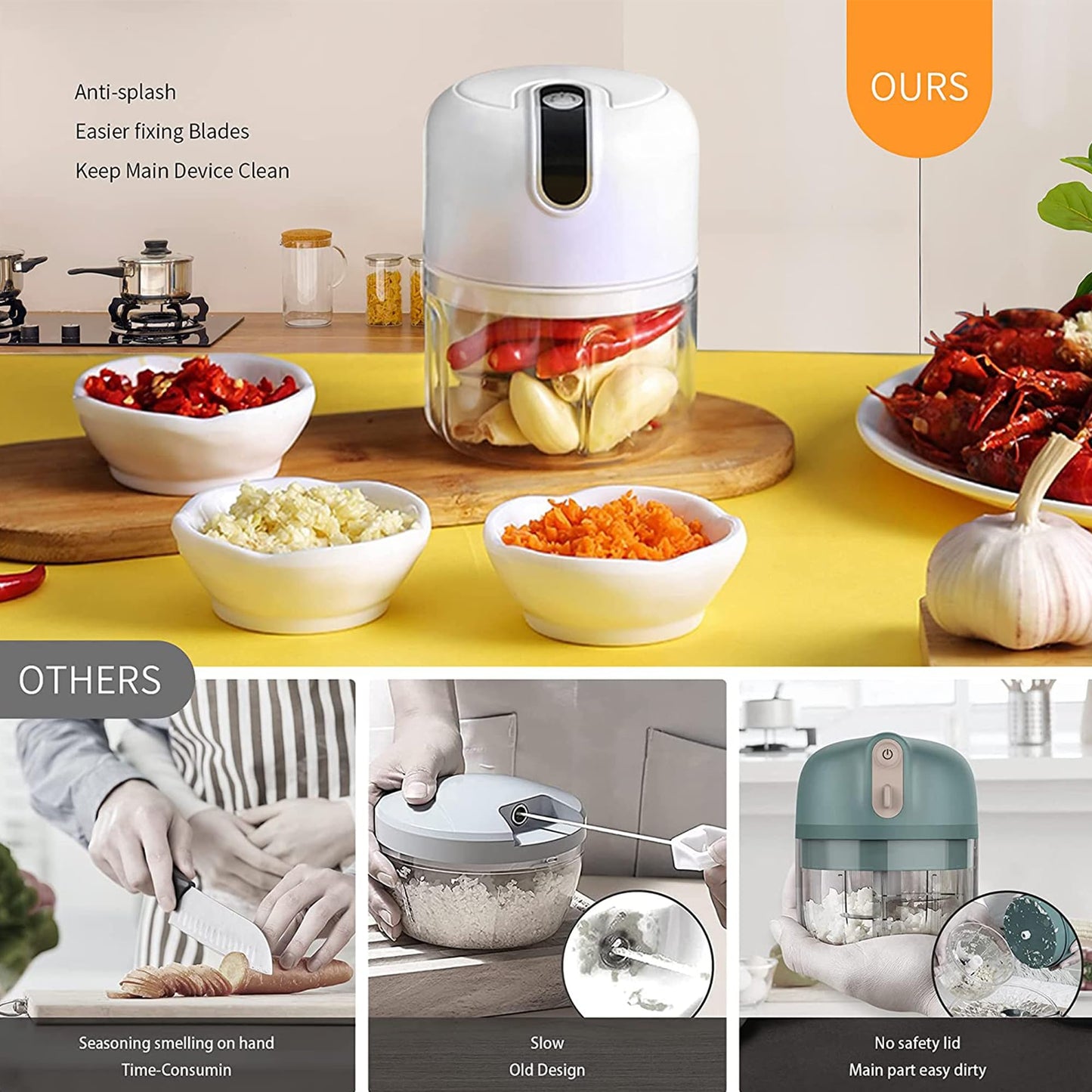 250ML Electric Garlic Chopper, Mini Portable Veggie Choppers, Garlic Grinder Masher Onion Chopper, Blender to Vegetable, Wireless Food Processor for Ginger, Chili, Fruit, Meat, etc
