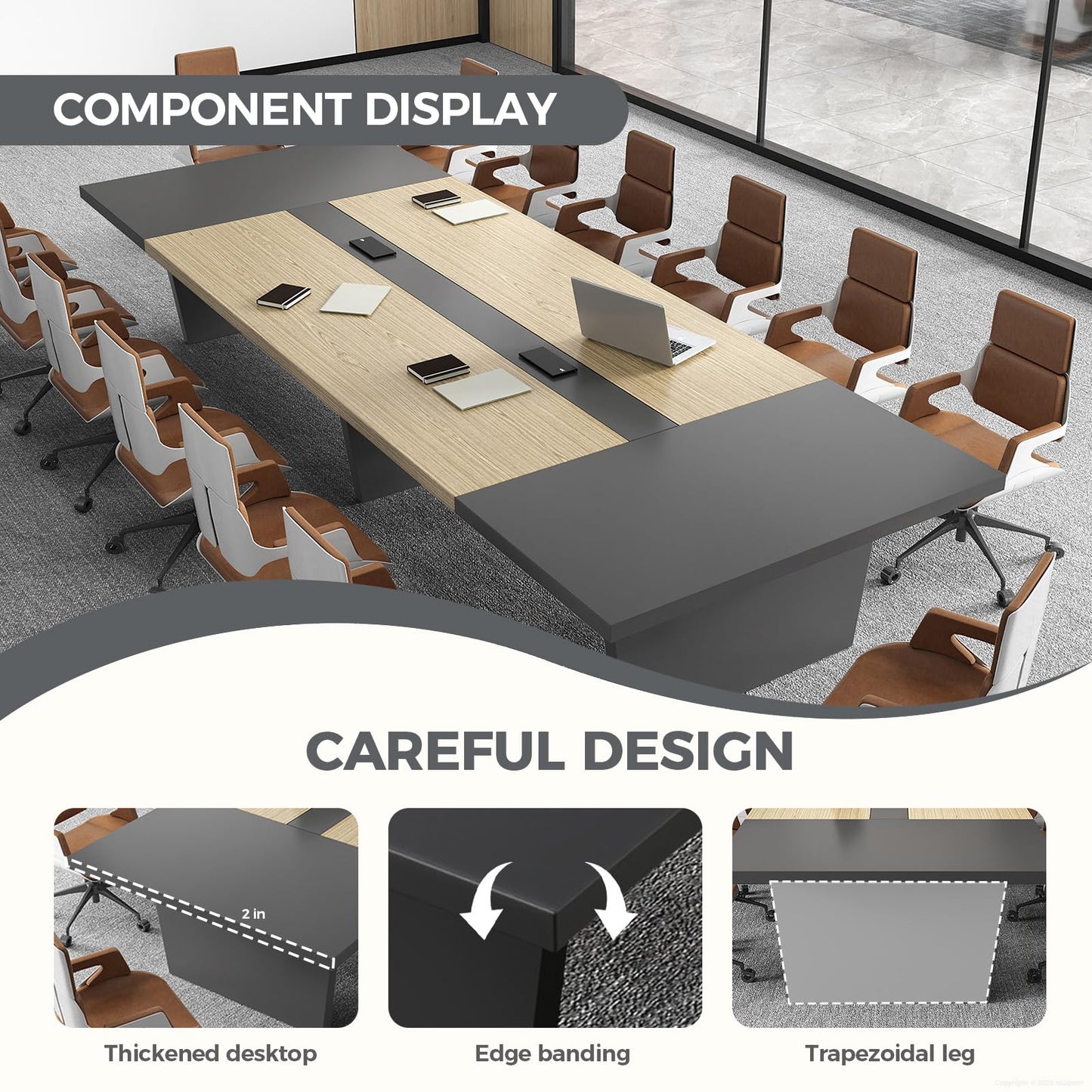 Nuipesn 95" Rectangular Conference Table, Seats 8-10, Built-in Power Outlets & USB Charging Ports, Cable Management, 2-Inch Thick Top, Oak/Grey