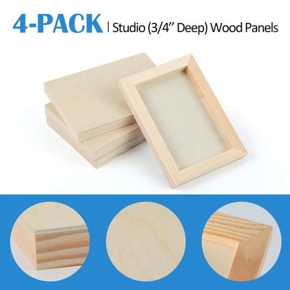 Falling in Art Unfinished Birch Wood Canvas Panels Kit, 4 Pack of 5x7’’ Studio 3/4’’ Deep Cradle Boards for Pouring Art, Crafts, Painting and More