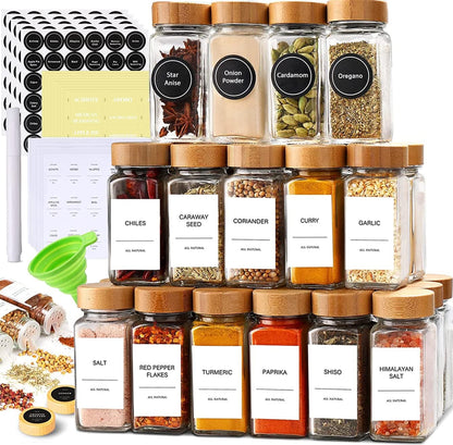 24-Piece Set Spice Jars by Le'raze: Glass Jars with Bamboo Lids, Labels & Funnel, Airtight Kitchen Storage