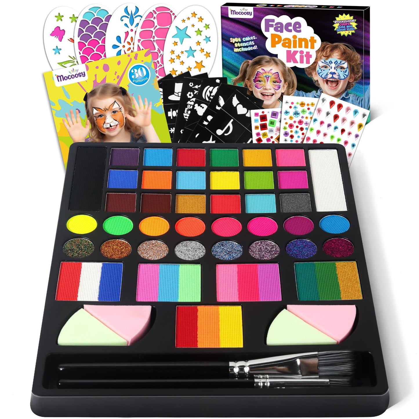 Mocoosy 41 Color Face Painting Kit for Kids, Non-Toxic Water Activated Face Paint Palette With Stencil, Brushes, Gem, Professional Body Makeup Kit for Cosplay Party, Carnival, Birthday, Costume Party