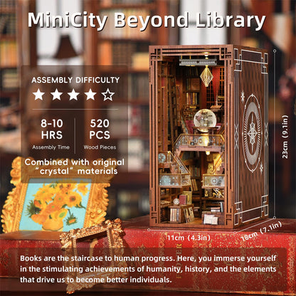 MiniCity Book Nook Kit, DIY Miniature Dollhouse Booknook Kit, 3D Wooden Puzzle Bookend Bookshelf Insert Decor with LED Light for Teens and Adults (Beyond Library)