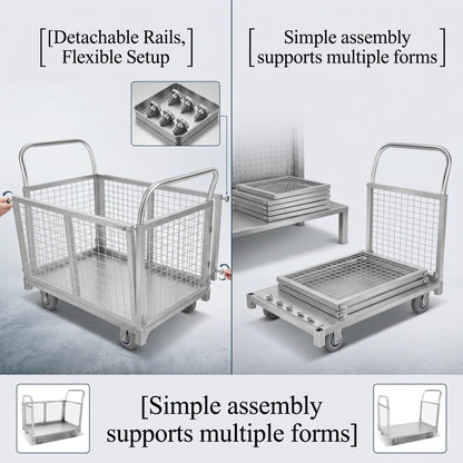 Platform cart, with cage, 4-in-1 Multi-Purpose Rolling Heavy-Duty cart, Rollable Folding cart, Load Capacity 2200 pounds, pushcart with 4 Wheels, Used in Grocery Stores,garages, Warehouses (Silver)