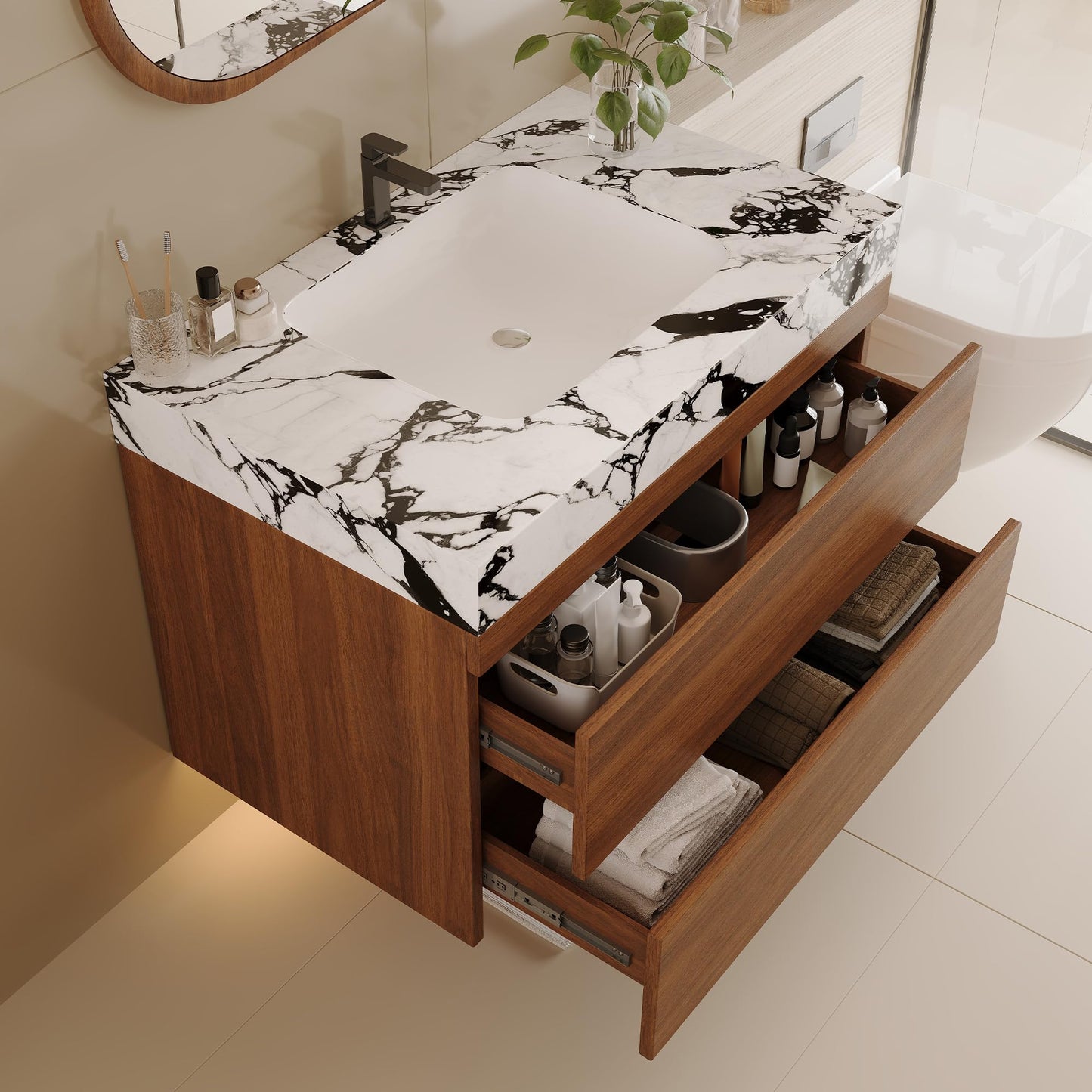 KEIKI 29.9" Bathroom Vanity with Undermount Sink Combo, Modern Floating Vanity Cabinet with 2 Drawers & Open Side Shelves, Storage Wall Mounted Cabinet for Small Space, Walnut Marbe
