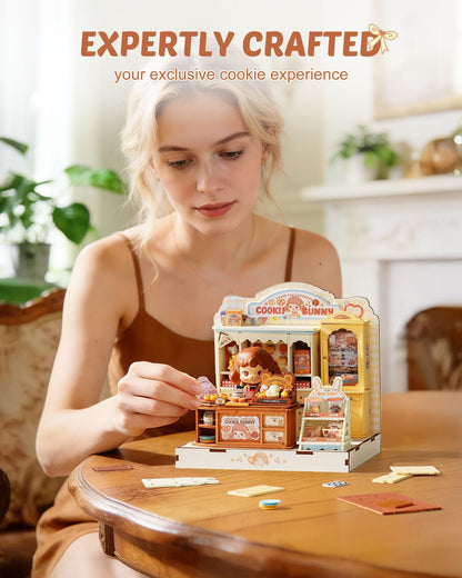 ROBOTIME DIY Miniature House Kit, Dollhouse Building Kit, Mini Wooden Furniture Kit for Adults, Birthday Christmas Craft Hobbies Gift（Cookii Bunny's Cookie Shop）