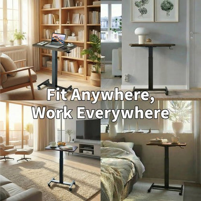 HUANUO Small Rolling Laptop Standing Desk, Height Adjustable Mobile T-Base Desk with Lockable Casters, Portable Sit-Stand Workstation for Bedside & Sofa, Walnut
