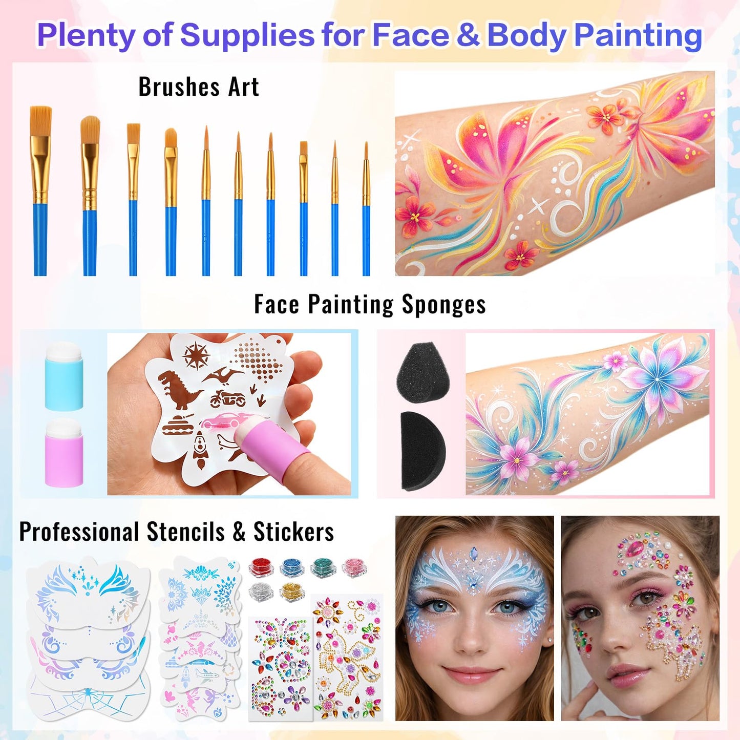 Face Painting Kit - 42 Colors Professional Face Paint Makeup Kit, Non-Toxic Water Activated Body Palette with Brushes, Stencils, Glitter, Gem, Sponge for Halloween, Arty Makeup & Cosplay Party
