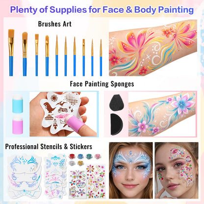 Face Painting Kit - 42 Colors Professional Face Paint Makeup Kit, Non-Toxic Water Activated Body Palette with Brushes, Stencils, Glitter, Gem, Sponge for Halloween, Arty Makeup & Cosplay Party