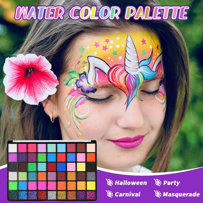 LOUHUA 54 Colors Face Painting Kit for Kids - Non Toxic Water Activated Face Paint with Stencils, Brushes, Gems - for Halloween, Birthday, Carnival, Cosplay