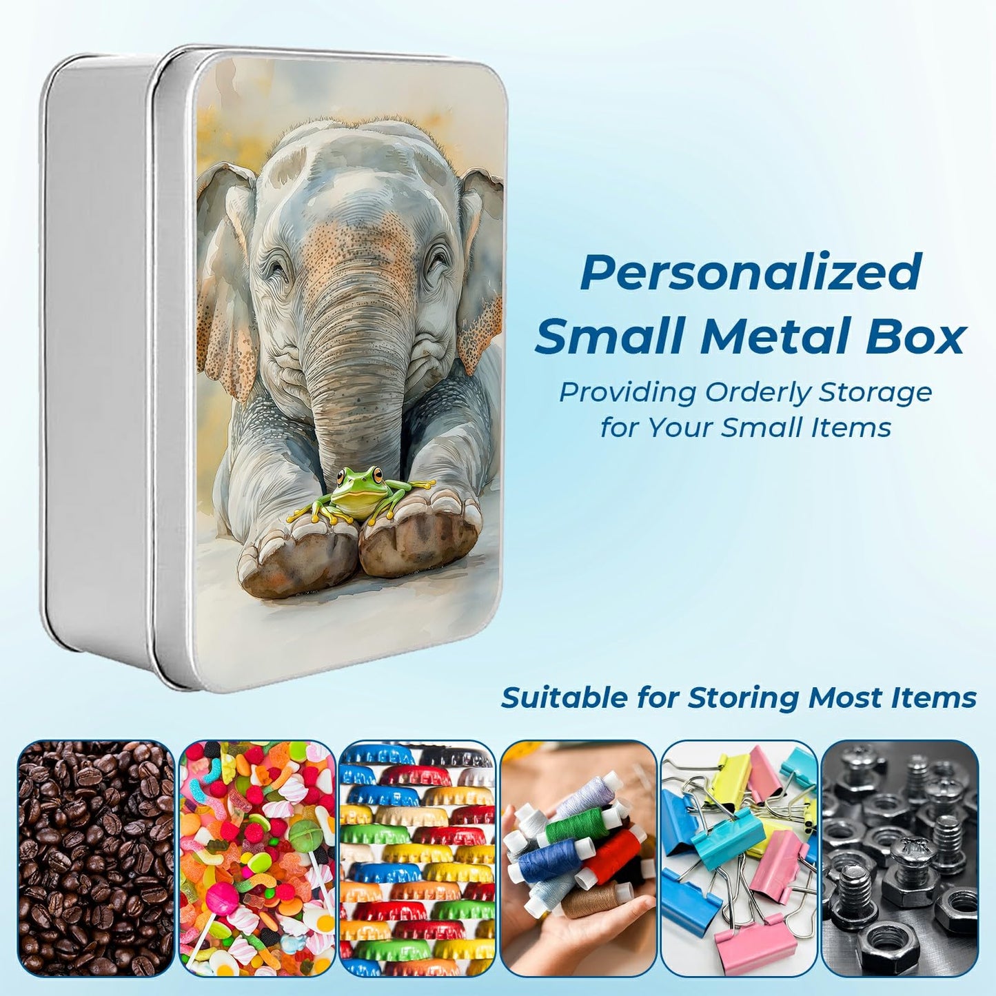JNFBWULO Metal Tin Box with Lid, Rectangular Silver Metal Storage Container, 7.09"×4.33"×2.17" Gift Decorative Empty Box, Elephant Frog