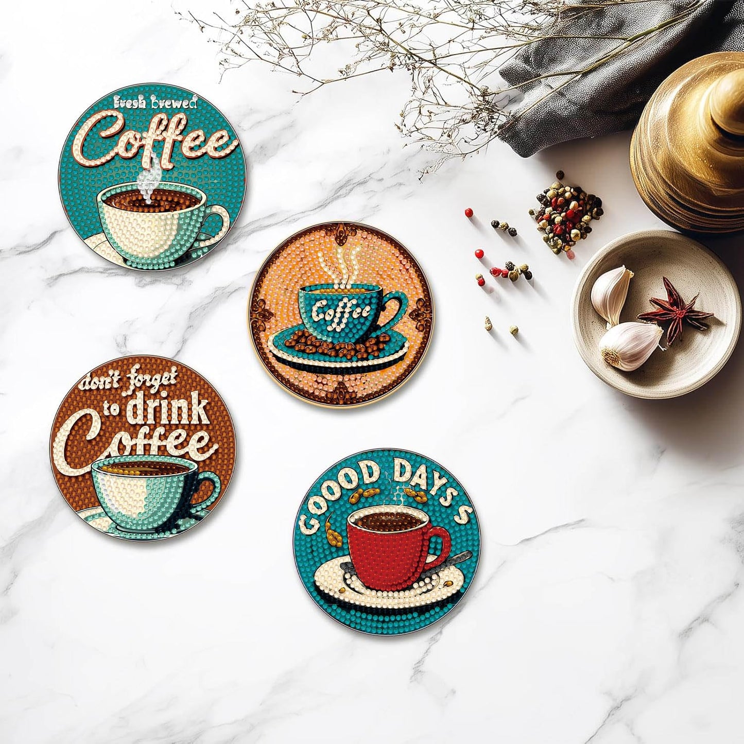 8 PCS Coffee Diamond Art Coasters Kits, Diamond Painting Coasters with Holder Set of 8, DIY Drink Art Crafts Supplies for Adults Cup Mat House Warming Gifts Non-Slip 3.9inch