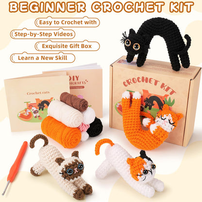 Crochet Kit for Beginners - 4 PCs Cat Crochet Kits with Step-by-Step Video Tutorials, Beginner Crochet Kit for Adults Kids, Learn to Crochet Animal Kit, Creative Crochet Gift for Cat Lovers