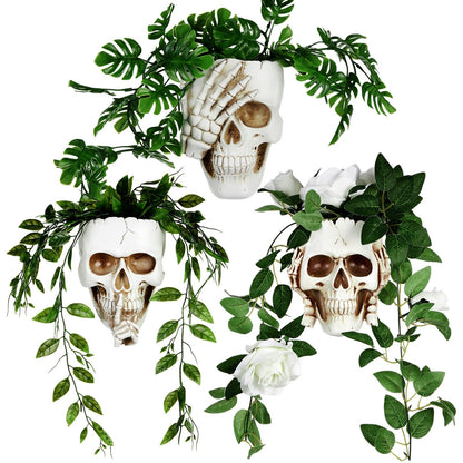 RimCereal 3 Pcs Skull Planter Skeleton Wall Hanging Planter Pot Gothic Spooky Head Face Flower Pot Garden Decor for Festival Party Indoor Outdoor Plants Home Garden Office Decorations(White)