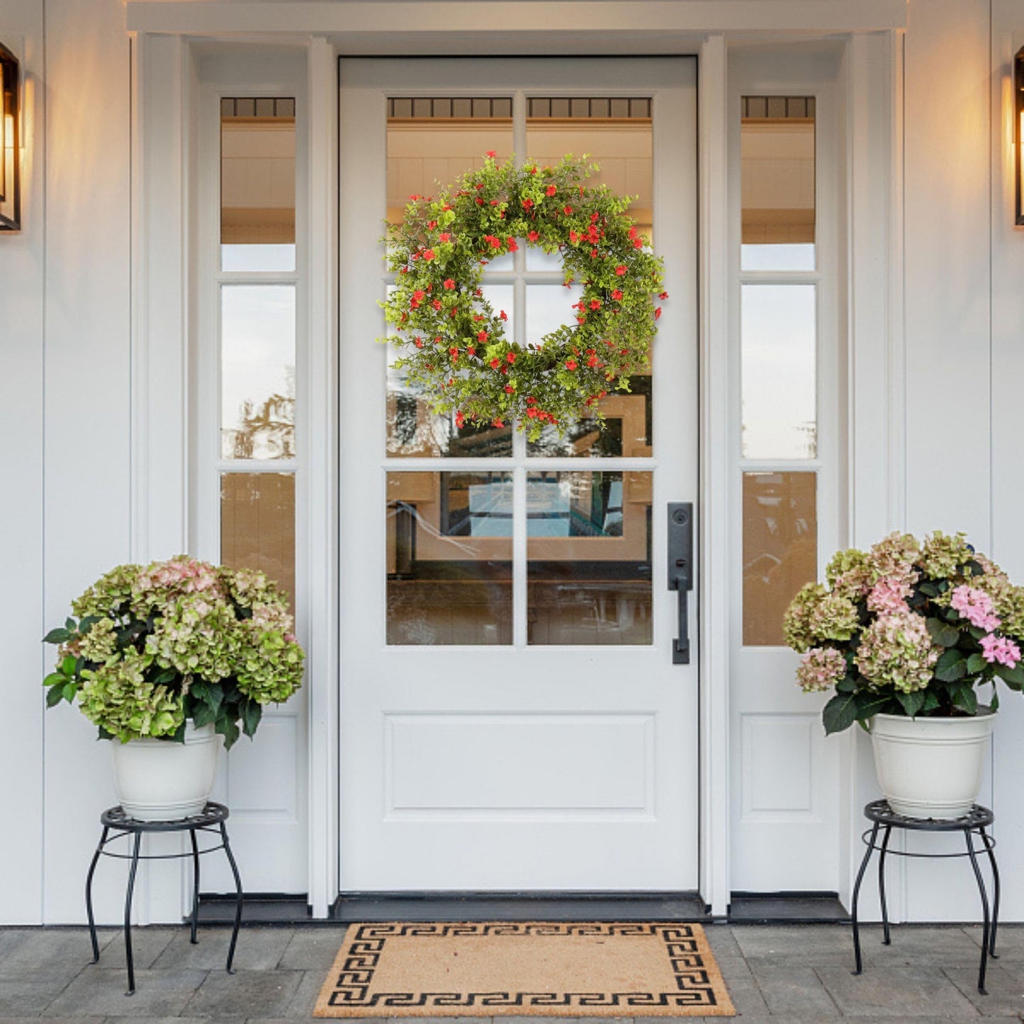 Zhemobang 20" Boxwood Wreath for Front Door – Lush Greenery Wreath with Red Flowers, Artificial Spring & Summer, Farmhouse Decor for Home, Outdoor & Indoor Use