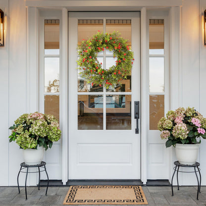 Zhemobang 20" Boxwood Wreath for Front Door – Lush Greenery Wreath with Red Flowers, Artificial Spring & Summer, Farmhouse Decor for Home, Outdoor & Indoor Use