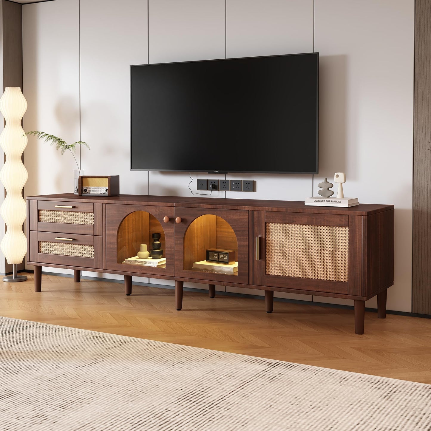 Ball & Cast Rattan TV Stand for TVs up to 80",Modern Entertainment Center with LED Light and 2 Drawers & 3 Doors,TV Media Console w/Storage Cabinets and Solid Wood Legs for Living Room,Dark Brown