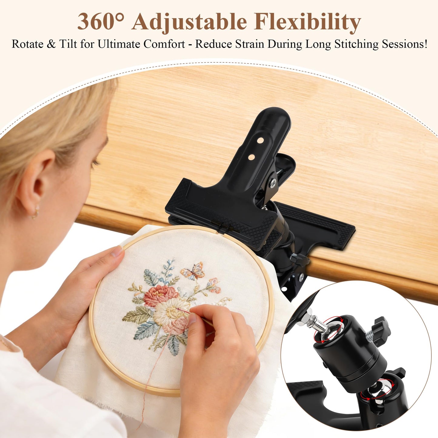 Coitak Portable Metal Embroidery Hoop Stand Holder with 3 Sizes Embroidery Hoop, Rotated Embroidery Stand Table Clip for Embroidery Needlework Hoops