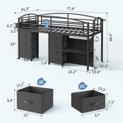 Low Loft Bed Twin Size with 7 Storage Drawers, Desk and LED Lights, Heavy Duty Metal Kids Loft Bed with 13.8" H Safety Guardrail, Anti-Collision Pad, Private Play Curtain, Under-Bed Play Space - Black