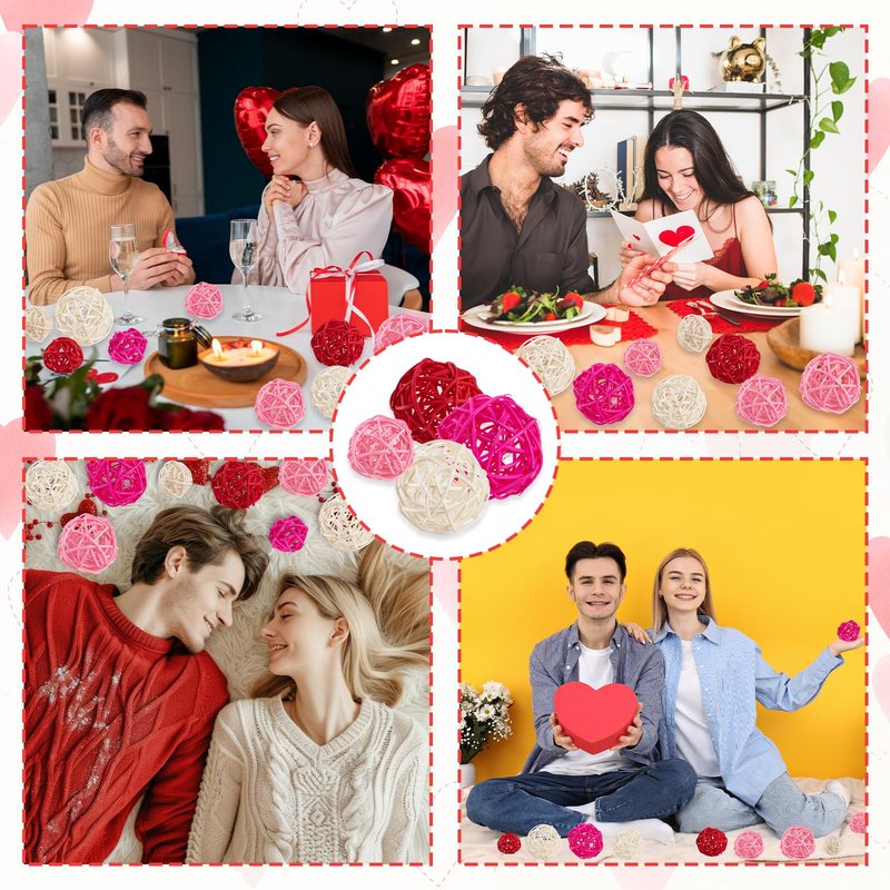 GuassLee 24Pcs Valentine's Day Decorative Rattan Balls, Pink Red Grey Wicker Balls Decorations for Valentine's Day Decor Centerpiece DIY Crafts Vase Bowl Orbs Filler Wedding Home Decor, 1.2"/2"/2.4"