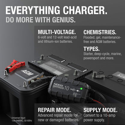 NOCO GENIUS10: 10A 6V/12V Smart Battery Charger – Automatic Maintainer, Trickle Charger & Desulfator with Overcharge Protection & Temperature Compensation – For Lead-Acid & Lithium Batteries