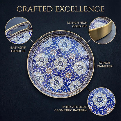 13 INCH Zosenley Round Decorative Tray, Plastic with Handles, Modern Vanity and Serving for Ottoman, Coffee Table