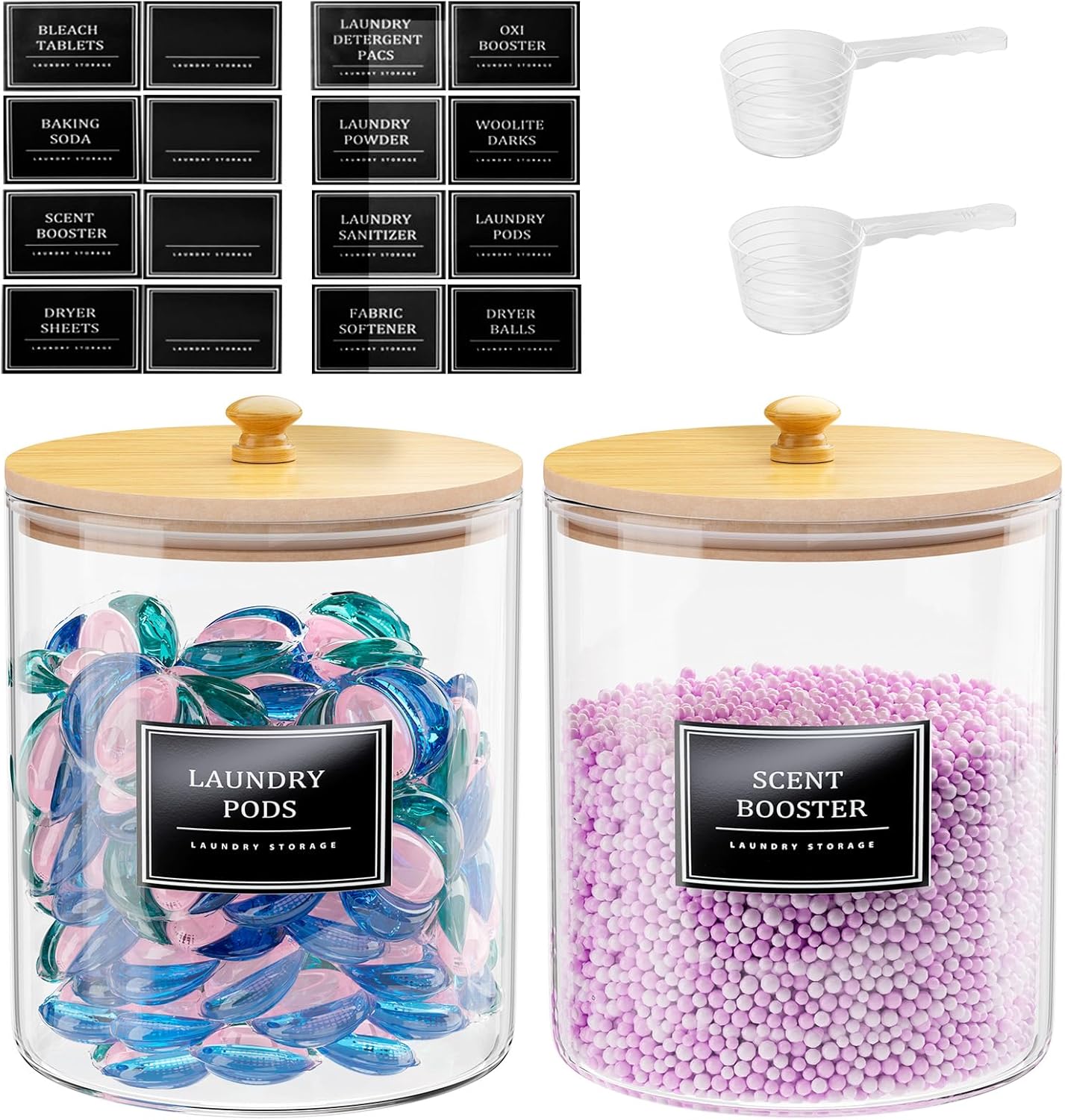 HomePekite 2 Pack Glass Laundry Pods Container, Clear Laundry Room Organization Containers with Lids & Labels, Powder