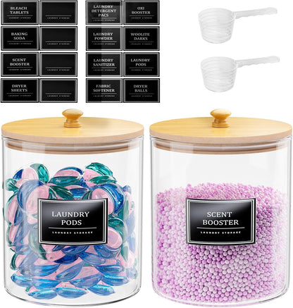 HomePekite 2 Pack Glass Laundry Pods Container, Clear Laundry Room Organization Containers with Lids & Labels, Powder