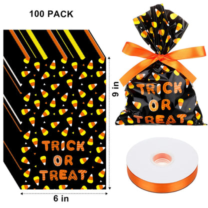 Tenare 100 Pcs Halloween Cellophane Treat Bags Plastic Goodie Candy Bags Corn Wrapped Gift Loot Bags with 22 Yards Ribbon for Treating Class Parties Favor Crafts, 6 x 9 Inch