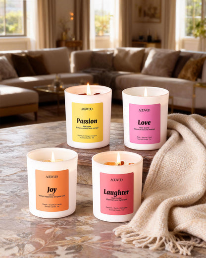 AOOVOO Energy Candles Set for Women - 4 Pack Candles for Home Scented, 28 oz 200 Hour Burn, Aromatherapy Candle with Crystals, Laughter Red Quartz/Love Rose Quartz/Joy Citrine/Passion Red Agate