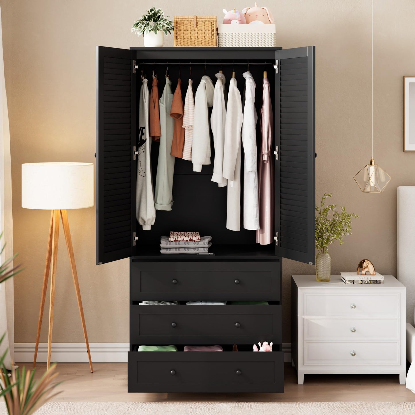 GarveeHome Armoire Wardrobe Closet with 3 Drawers, 69.5" Wooden Wardrobe Cabinet, Hanging Rod, 2 Doors Clothing Storage Cabinet for Bedroom, Large Capacity Storage, Louvered Door, Black