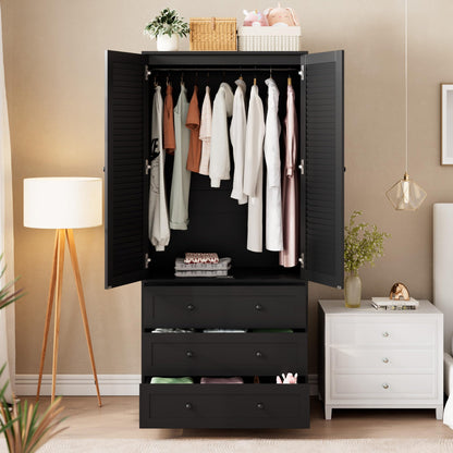 GarveeHome Armoire Wardrobe Closet with 3 Drawers, 69.5" Wooden Wardrobe Cabinet, Hanging Rod, 2 Doors Clothing Storage Cabinet for Bedroom, Large Capacity Storage, Louvered Door, Black