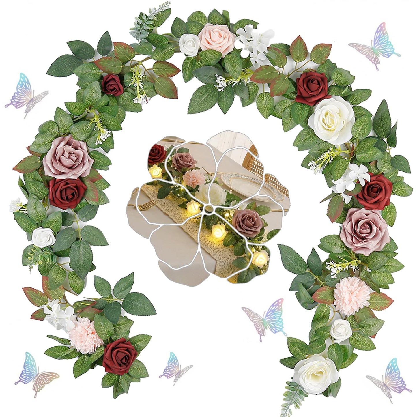 Floraobley 5.5FT Artificial Flower Garland Burgundy Rose & Greenery for Wedding Arch Backdrop Table Centerpiece Mantel Decor, with 3D Butterflies & Decorative Accessories