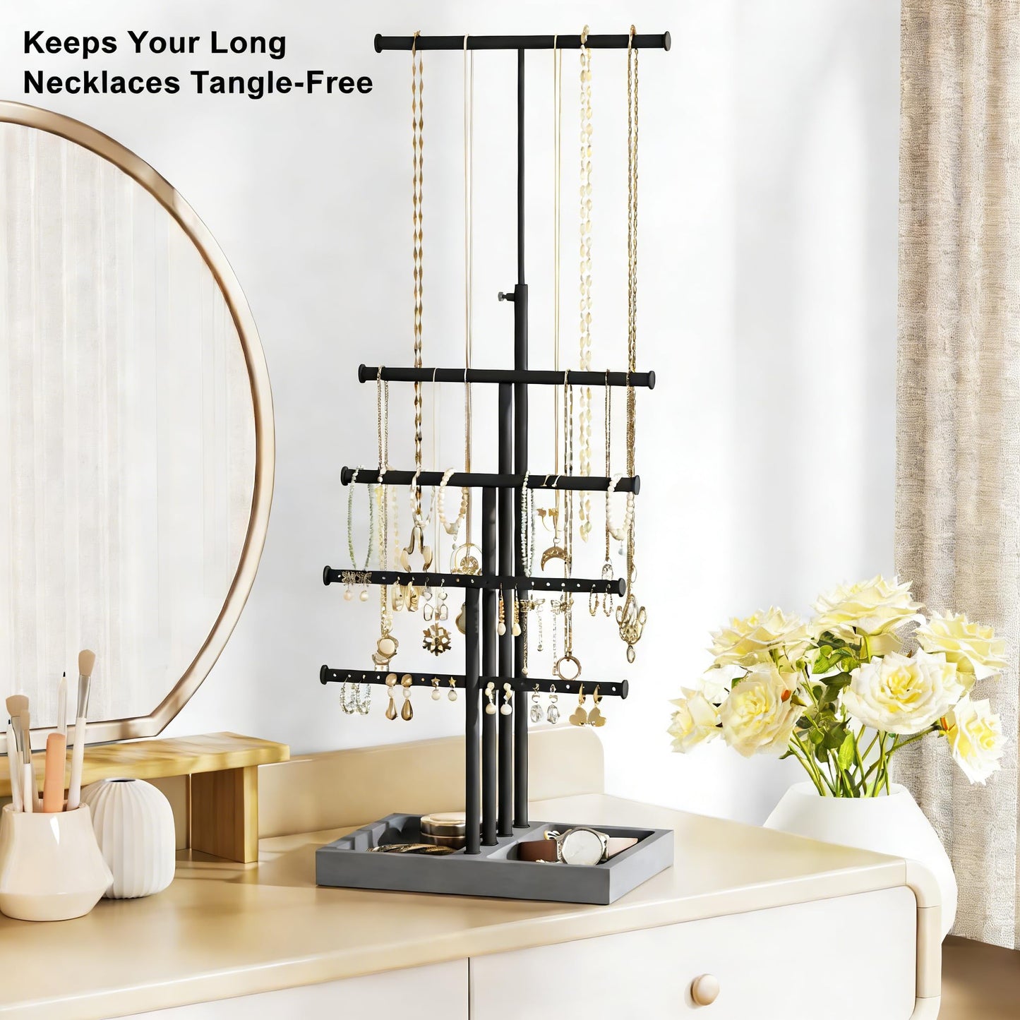 Love-KANKEI Jewelry Organizer Stand, 5 Tier Large Necklace Holder with Wood Base, Jewelry holder stand Tree for Display, Bracelets Earrings Rings, Height Adjustable Gift Weathered Grey