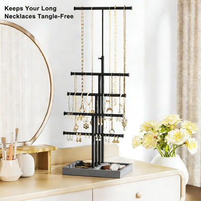 Love-KANKEI Jewelry Organizer Stand, 5 Tier Large Necklace Holder with Wood Base, Jewelry holder stand Tree for Display, Bracelets Earrings Rings, Height Adjustable Gift Weathered Grey