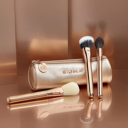 Sigma Beauty Glam ‘N Glow Mini Eye Makeup Brush Set – Set of 3 Eye Makeup Brushes for Blending, Shading, Lining, and Smudging, Includes Stylish Black Small Makeup Bag (4 Pcs)