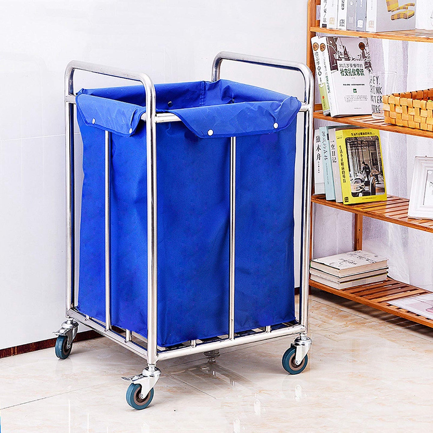 Beauty Salon Cart Trolley Square Laundry Sorter Cart with Handle Commercial Rolling Laundry Sorter Cart Blue Heavy Duty Canvas Hamper for Hotel Trolleys
