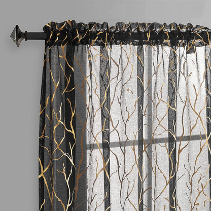 FINECITY Black Gold Sheer Curtains, Metallic Gold Foil Tree Branch, 63 Inch Length, Set of 2