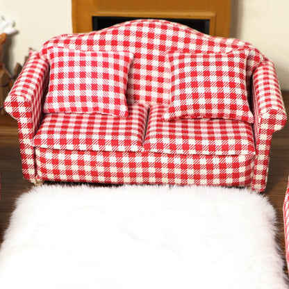 Dollhouse Couch Miniature Sofa with Pillows Dollhouse Living Room Funiture 1:12 Scale Model 3 Pcs High Simulation Upholstered Wooden Fabric Armchair Mini Room Artificial House Scene Decoration (Plaid)