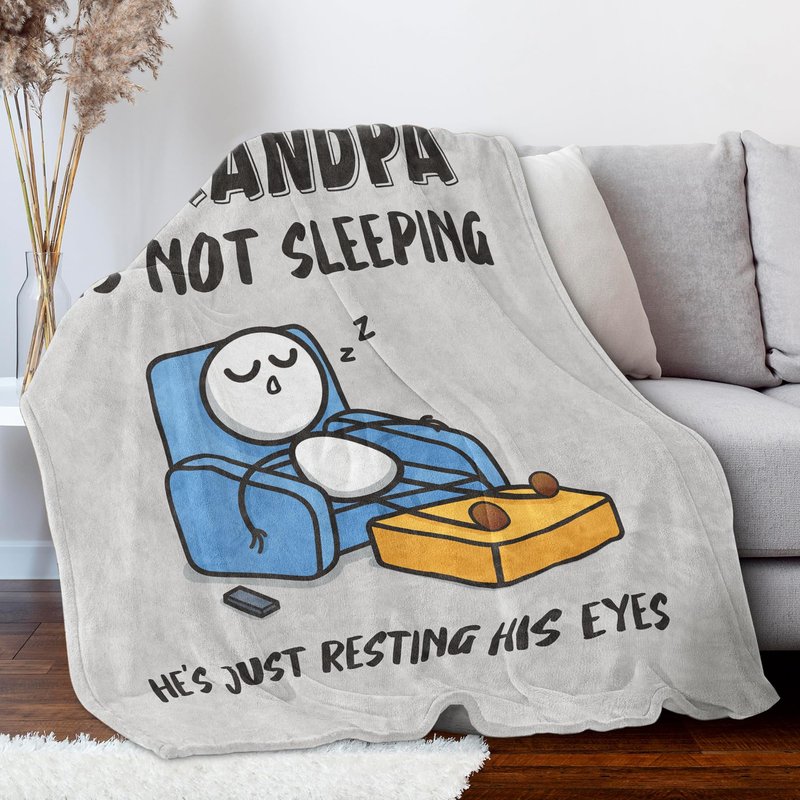 GoMelley Funny Fathers Day Grandpa Gifts, Grandpas Birthday Gift from Grandkids, Grandpa is Not Sleeping Blanket, Super Soft Throws Blanket for Napping, Promoted to Grandpas Gifts, 60" x 50"(Gray)