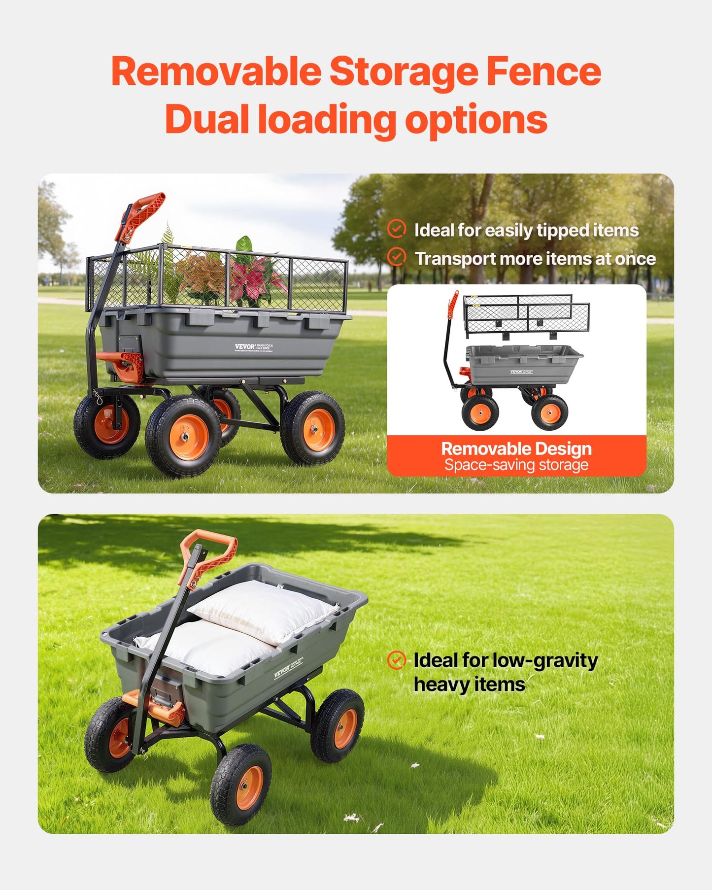 VEVOR 10 Cu.Ft 1200LBS Poly Garden Cart Dump Wagon, Heavy Duty Wheelbarrow with Convertible Handle and 13" Flat Free Tires, Outdoor Yard Wagon ATV Trailer Dump Cart Tow Behind for Lawn Mower Tractor