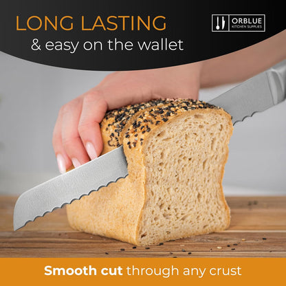 Orblue 10-Inch Serrated Bread Knife, Upgraded Stainless Steel Razor Sharp Wavy Edge for Homemade Bagels