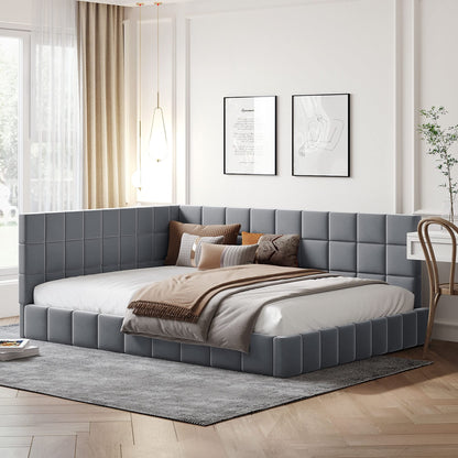 Ball & Cast Full Size Daybed, Velvet Upholstered Day Bed Frame with Tufted Backrest & Armrest,Modern Sofa Bed,Classic Floor Bed with Solid Wood Slats Support,No Box Spring Needed,Gray