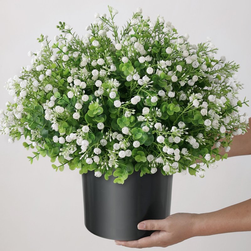 Artificial Eucalyptus with Baby's Breath Topiary Ball Trees - 2 Set Plastic Faux Eucalyptus Plants in Pot, Sun Resistant Fake Greenery Potted Bushes for Front Door Farmhouse Garden Porch Decor
