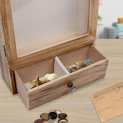 Butizone Shadow Box Frame, 3.2" Deep Shadow Box Display Case with Real Glass and Drawer, Rustic Wood Memory Box for Pictures, Flowers, Memorial, Medals, Wedding Bouquet for Wall or Tabletop, Brown