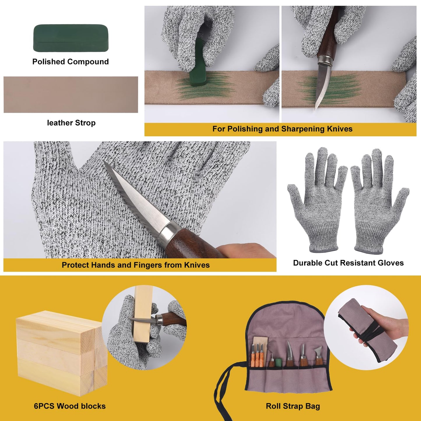 Wood Carving Kit, Wood Carving Tools Set with Wood Carving Knives Detail Knives Blocks Gloves Whittling Kit for Beginners Adults Kids Woodworking Tools for Spoon, Bowl, Kuksa Cup (26PCS)